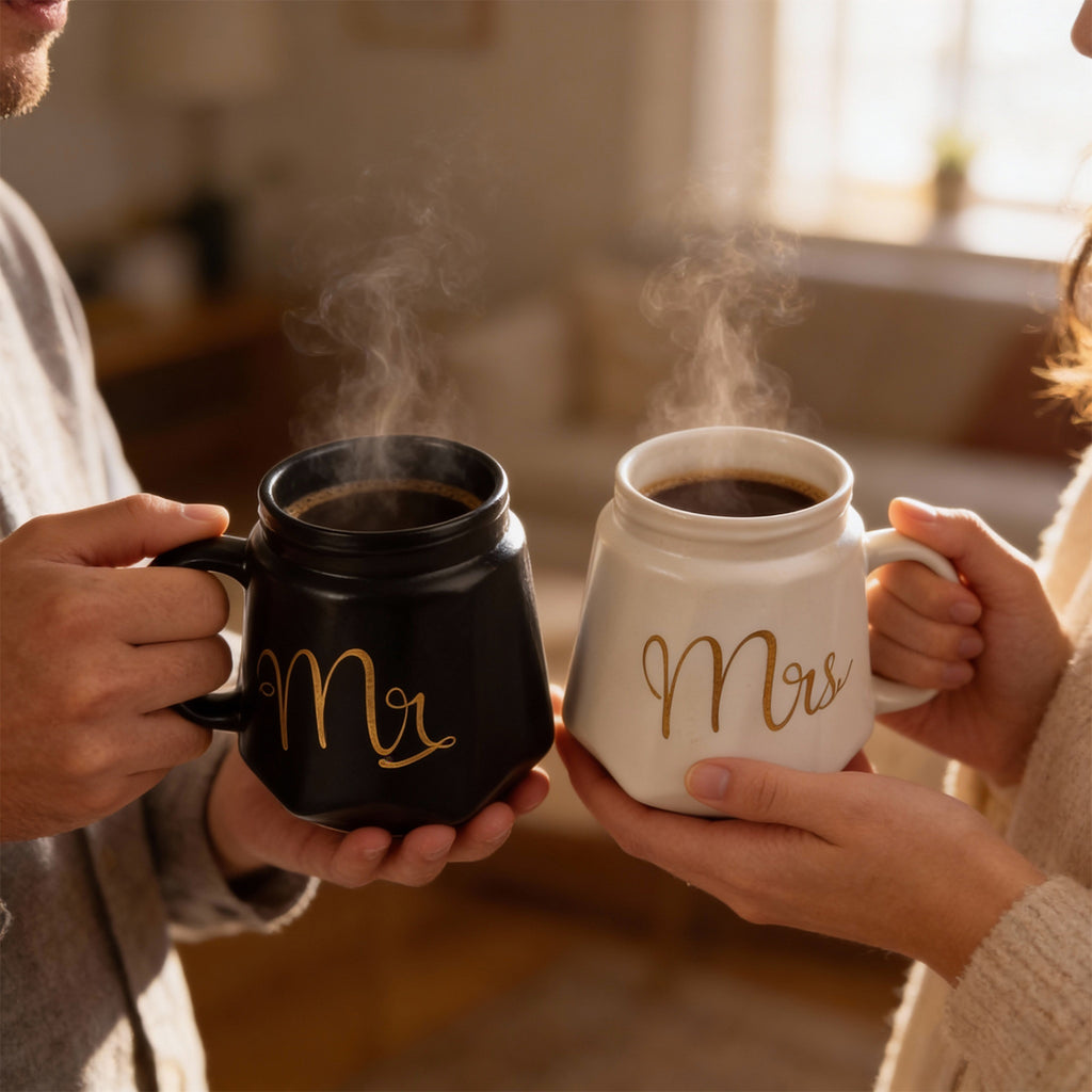 HindCraft Mr & Mrs Ceramic Mug Set with Lids – Black & White