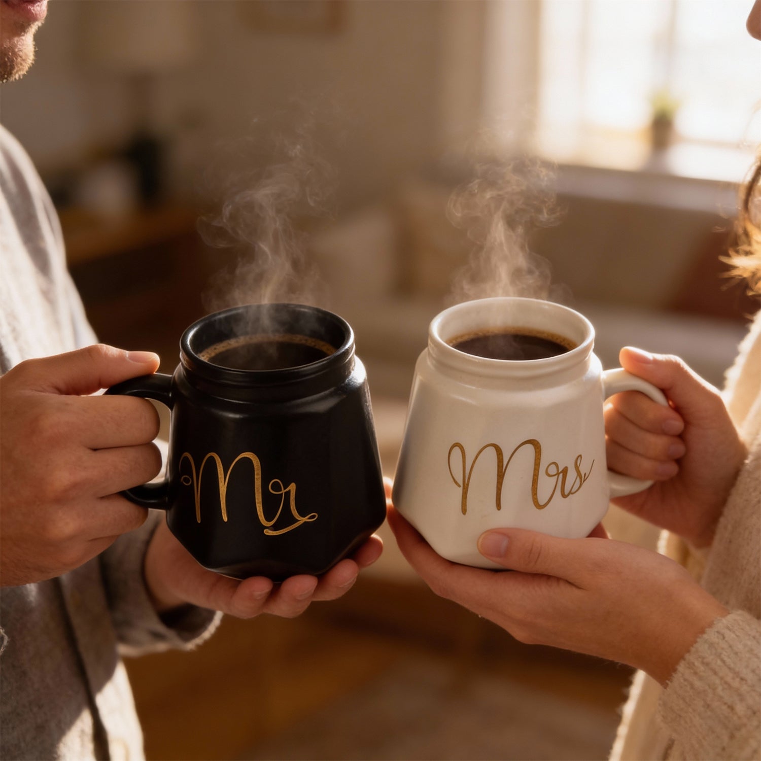 HindCraft Mr & Mrs Ceramic Mug Set with Lids – Black & White