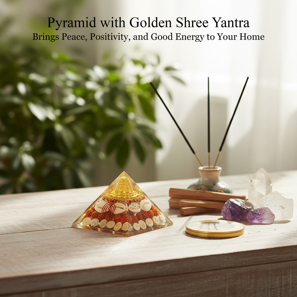 HindCraft 90mm Laxmi Shree Yantra Orgonite Pyramid with Rudraksha, Gomti Chakra, Cowrie Shells & Copper Coil | Spiritual Pyramid for Home, Office, Meditation & Vastu Decor