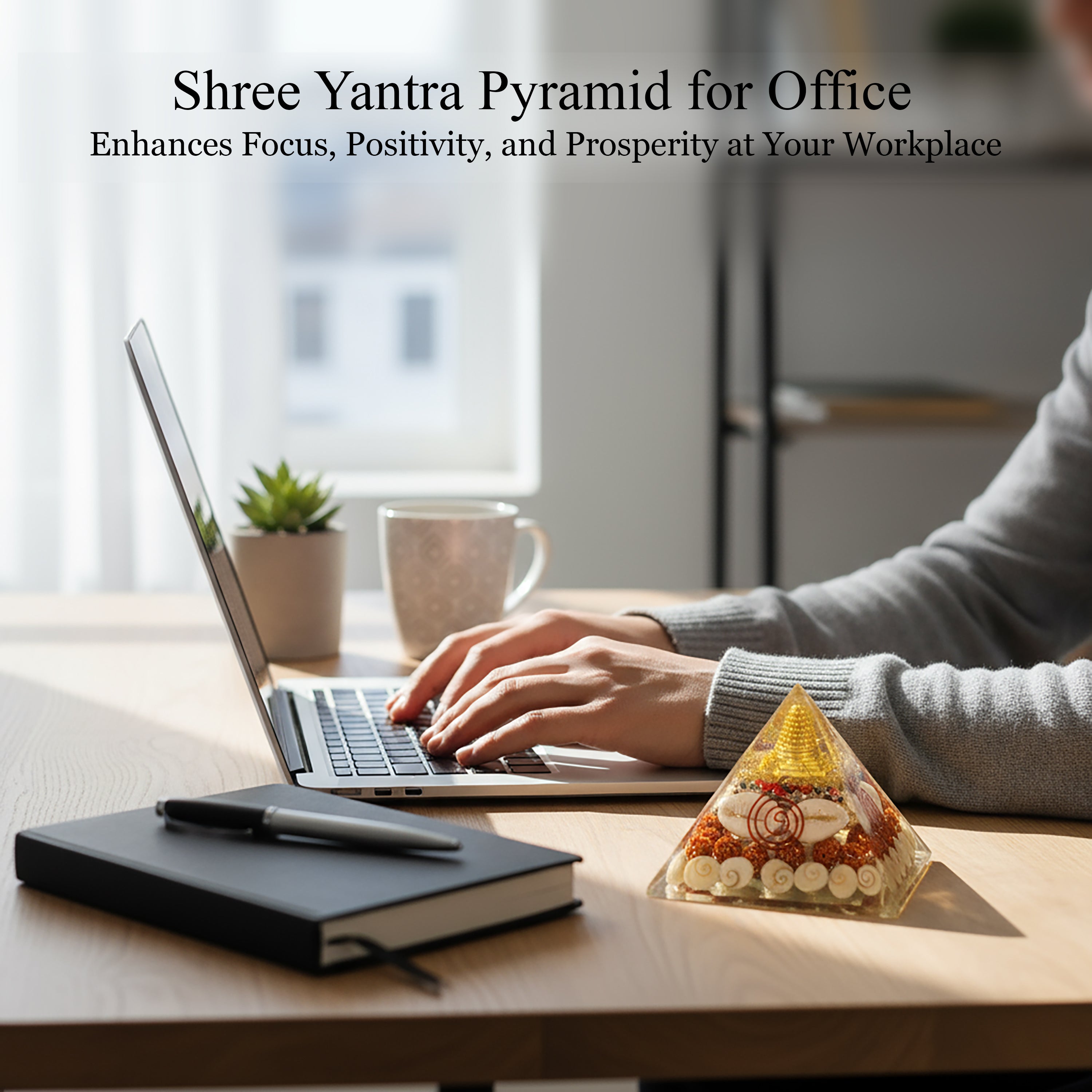 HindCraft 90mm Laxmi Shree Yantra Orgonite Pyramid with Rudraksha, Gomti Chakra, Cowrie Shells & Copper Coil | Spiritual Pyramid for Home, Office, Meditation & Vastu Decor
