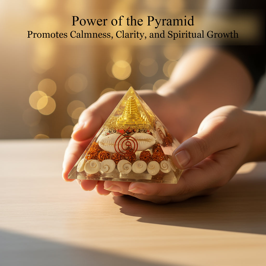 HindCraft 90mm Laxmi Shree Yantra Orgonite Pyramid with Rudraksha, Gomti Chakra, Cowrie Shells & Copper Coil | Spiritual Pyramid for Home, Office, Meditation & Vastu Decor