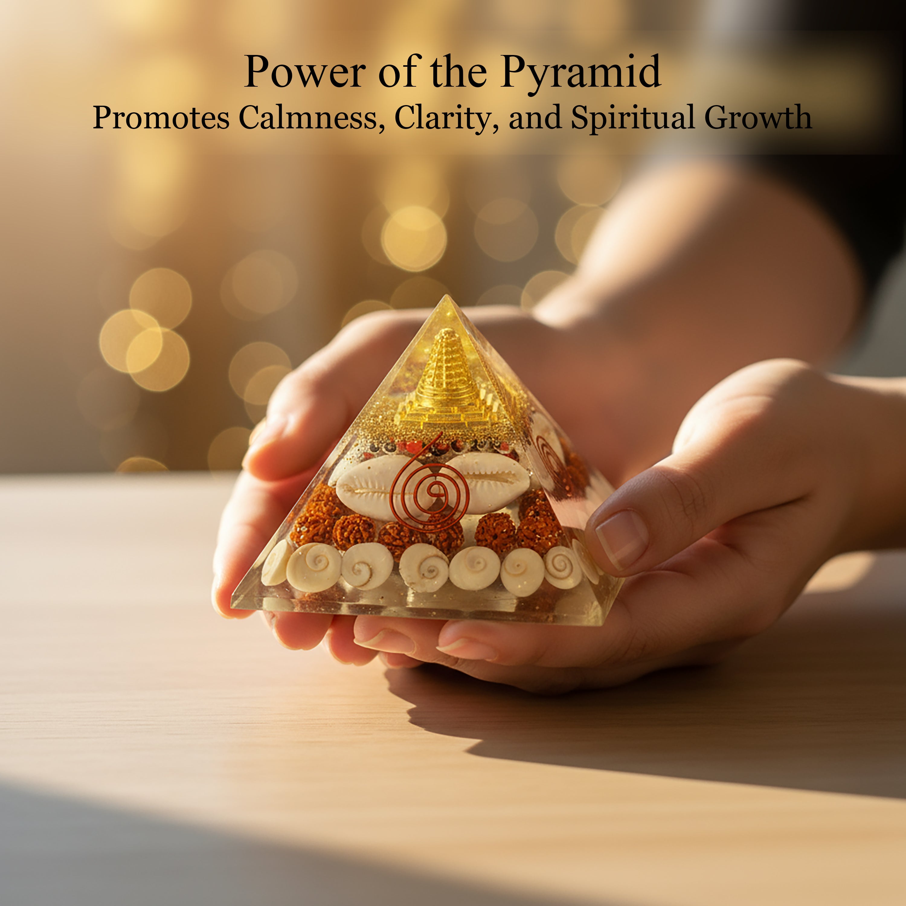 HindCraft 90mm Laxmi Shree Yantra Orgonite Pyramid with Rudraksha, Gomti Chakra, Cowrie Shells & Copper Coil | Spiritual Pyramid for Home, Office, Meditation & Vastu Decor