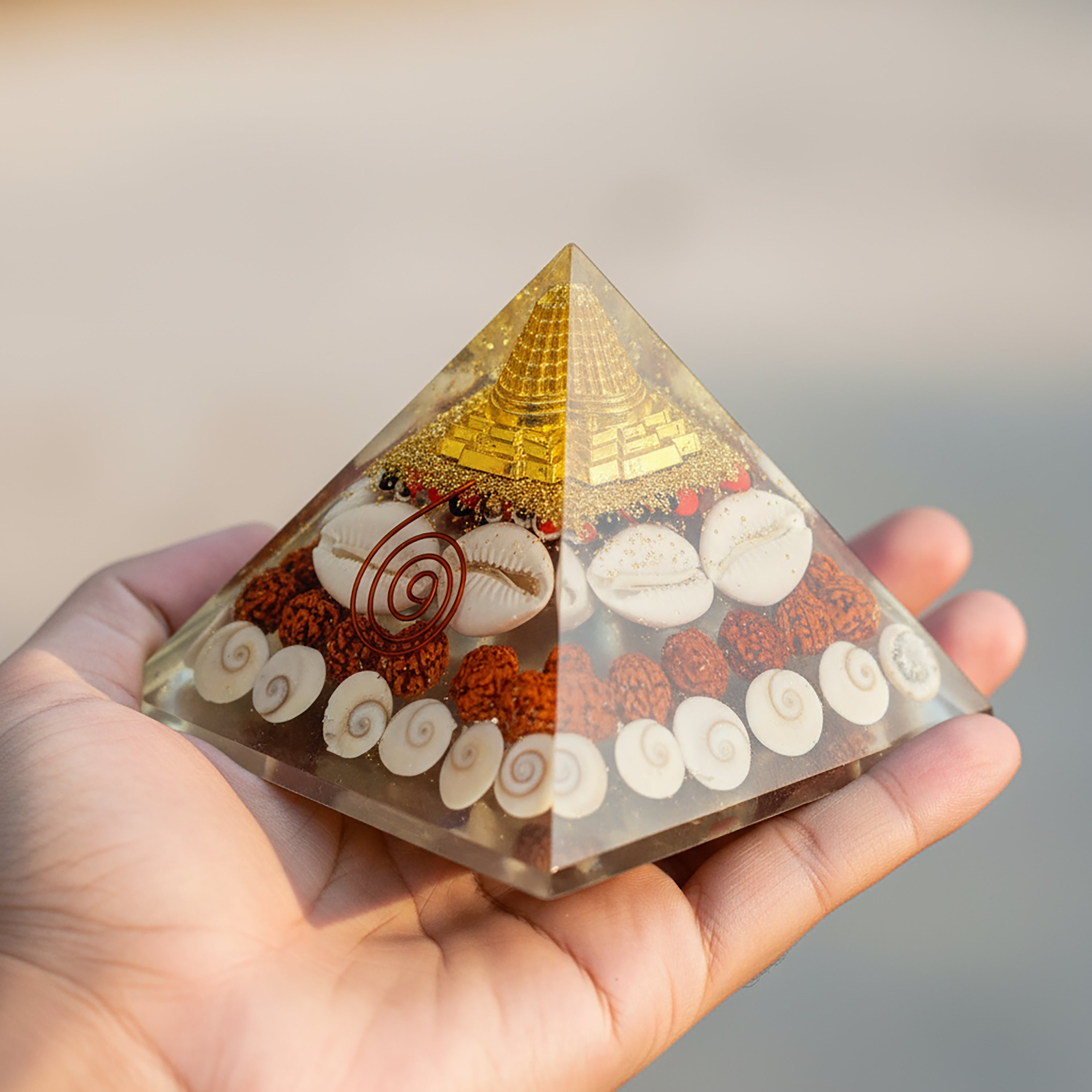 HindCraft 90mm Laxmi Shree Yantra Orgonite Pyramid with Rudraksha, Gomti Chakra, Cowrie Shells & Copper Coil | Spiritual Pyramid for Home, Office, Meditation & Vastu Decor