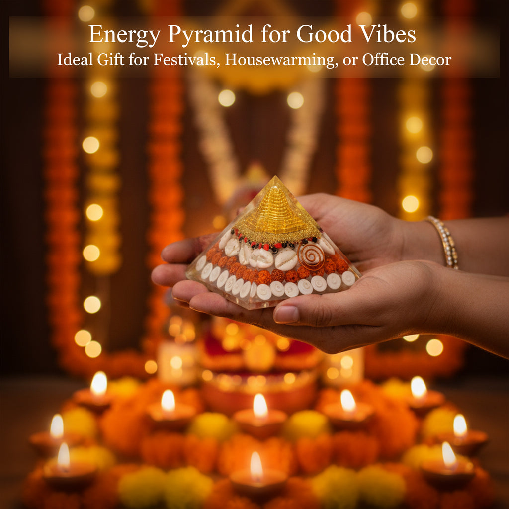 HindCraft 75 mm Lakshmi Shree Yantra Pyramid Vastu Kit | Original Gomati Chakra, Rudraksha & Kaudi Shells for Home Decor, Prosperity & Positive Energy