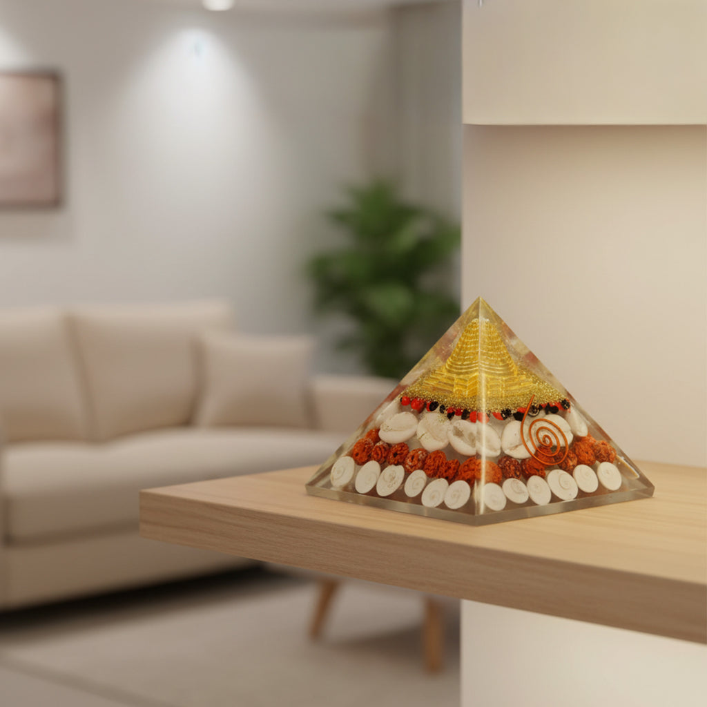 HindCraft 75 mm Lakshmi Shree Yantra Pyramid Vastu Kit | Original Gomati Chakra, Rudraksha & Kaudi Shells for Home Decor, Prosperity & Positive Energy