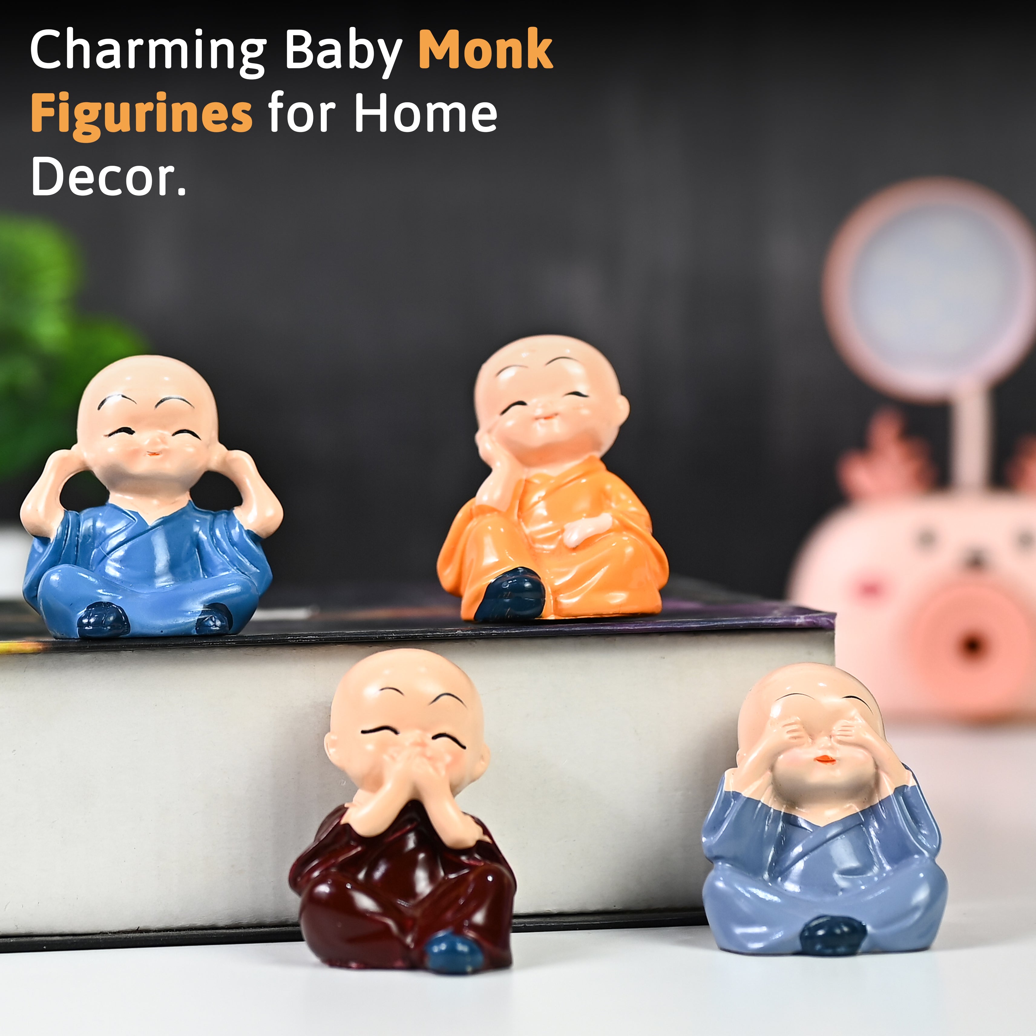 HindCraft Set of 4 Cute Monk Figurines for Home, Office Desk & Table Décor