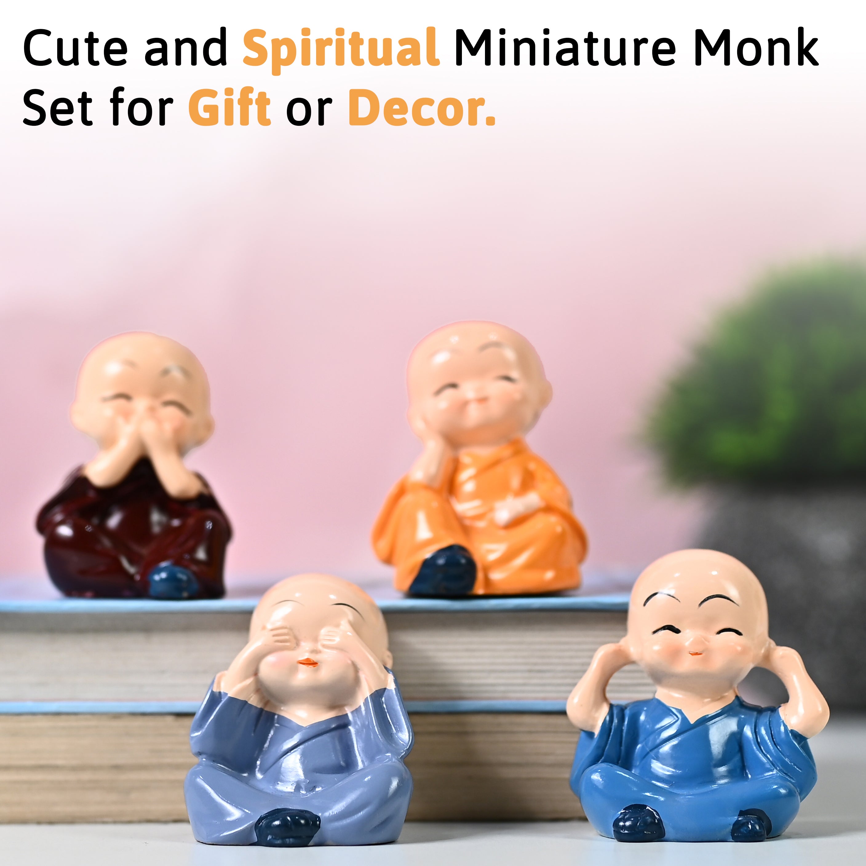 HindCraft Set of 4 Cute Monk Figurines for Home, Office Desk & Table Décor
