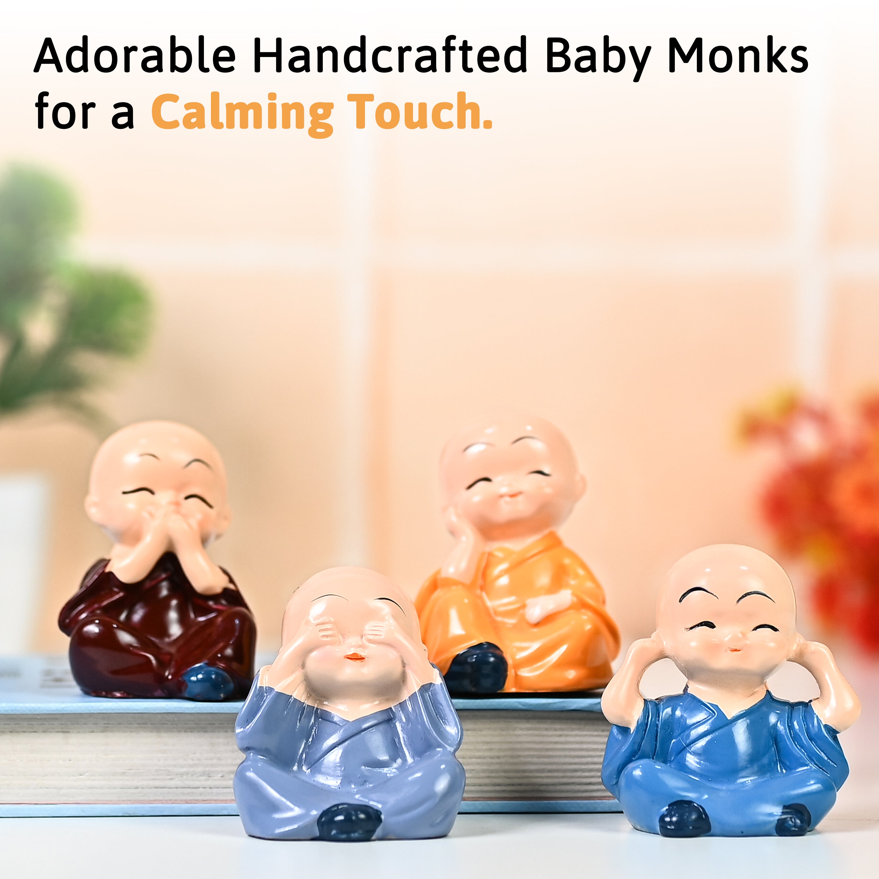 HindCraft Set of 4 Cute Monk Figurines for Home, Office Desk & Table Décor