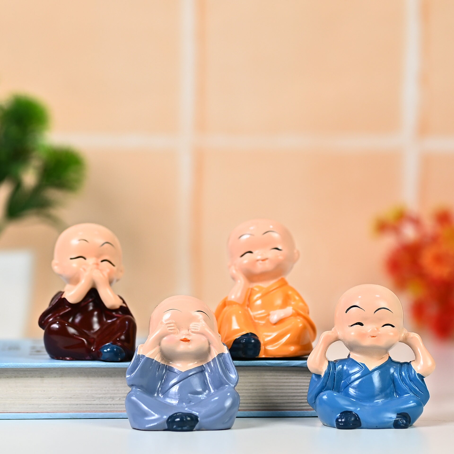 HindCraft Set of 4 Cute Monk Figurines for Home, Office Desk & Table Décor