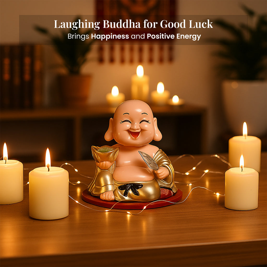 HindCraft Laughing Buddha Showpiece with Gold Ingot in Transparent Display Case