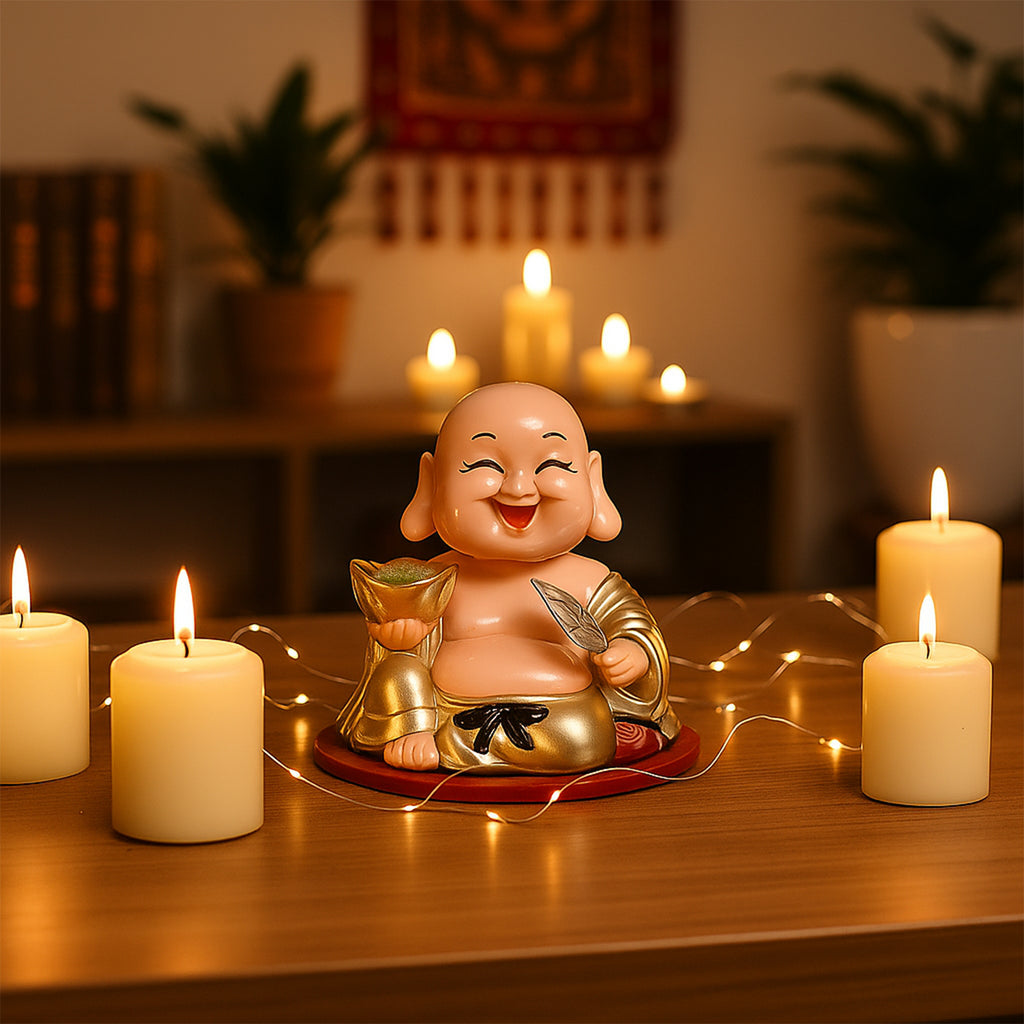 HindCraft Laughing Buddha Showpiece with Gold Ingot in Transparent Display Case