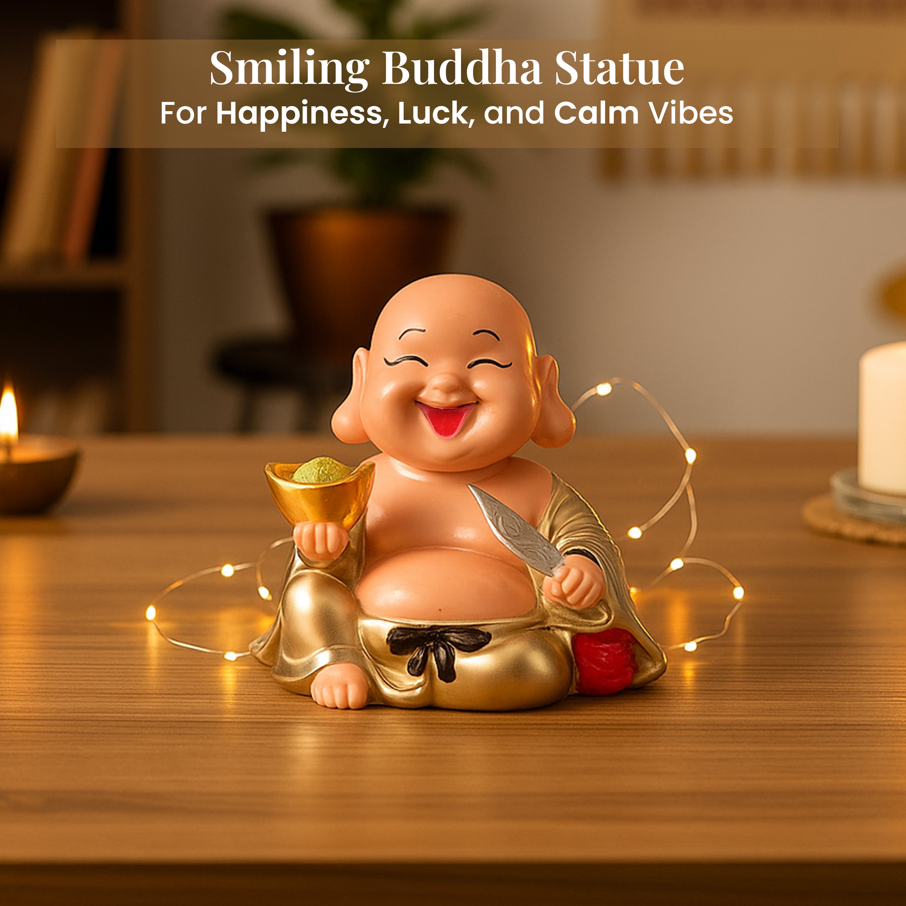 HindCraft Laughing Buddha Showpiece with Gold Ingot in Transparent Display Case