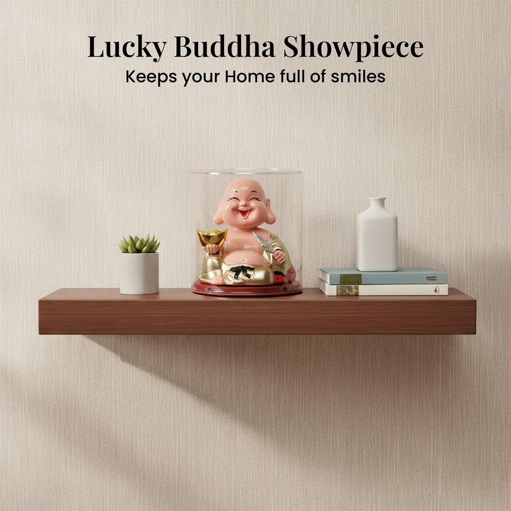 HindCraft Laughing Buddha Showpiece with Gold Ingot in Transparent Display Case