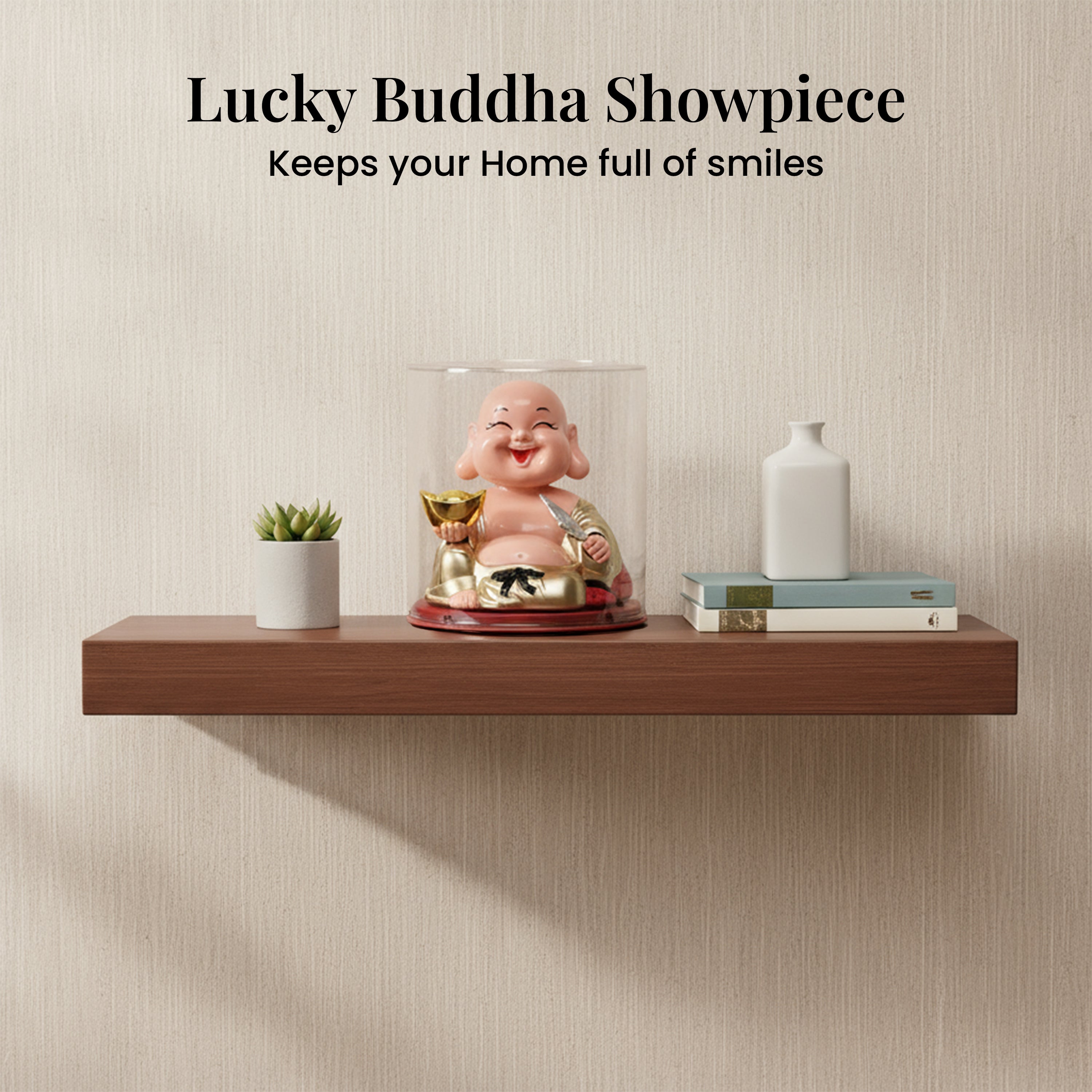 HindCraft Laughing Buddha Showpiece with Gold Ingot in Transparent Display Case
