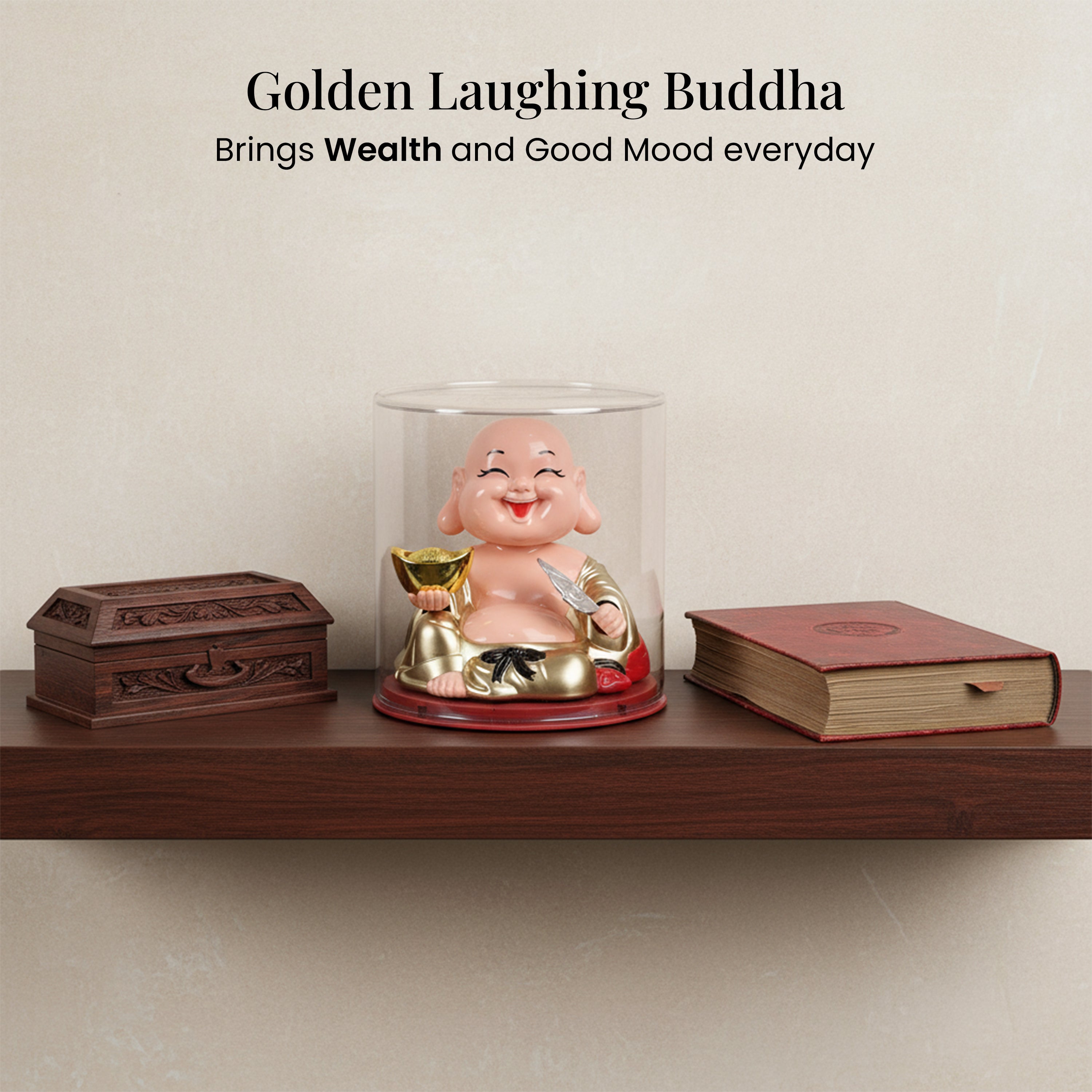 HindCraft Laughing Buddha Showpiece with Gold Ingot in Transparent Display Case
