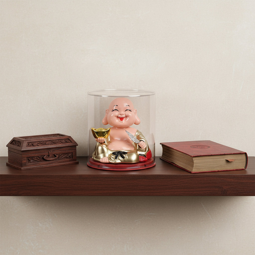 HindCraft Laughing Buddha Showpiece with Gold Ingot in Transparent Display Case