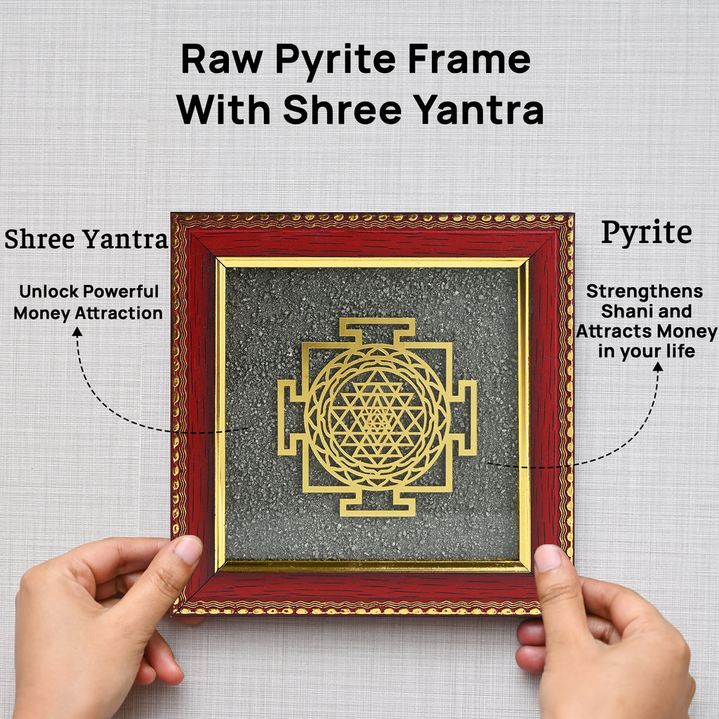 HindCraft Shree Yantra Frame with Raw Pyrite Stone for Wall & Table Décor 7.5×7.5 Inch