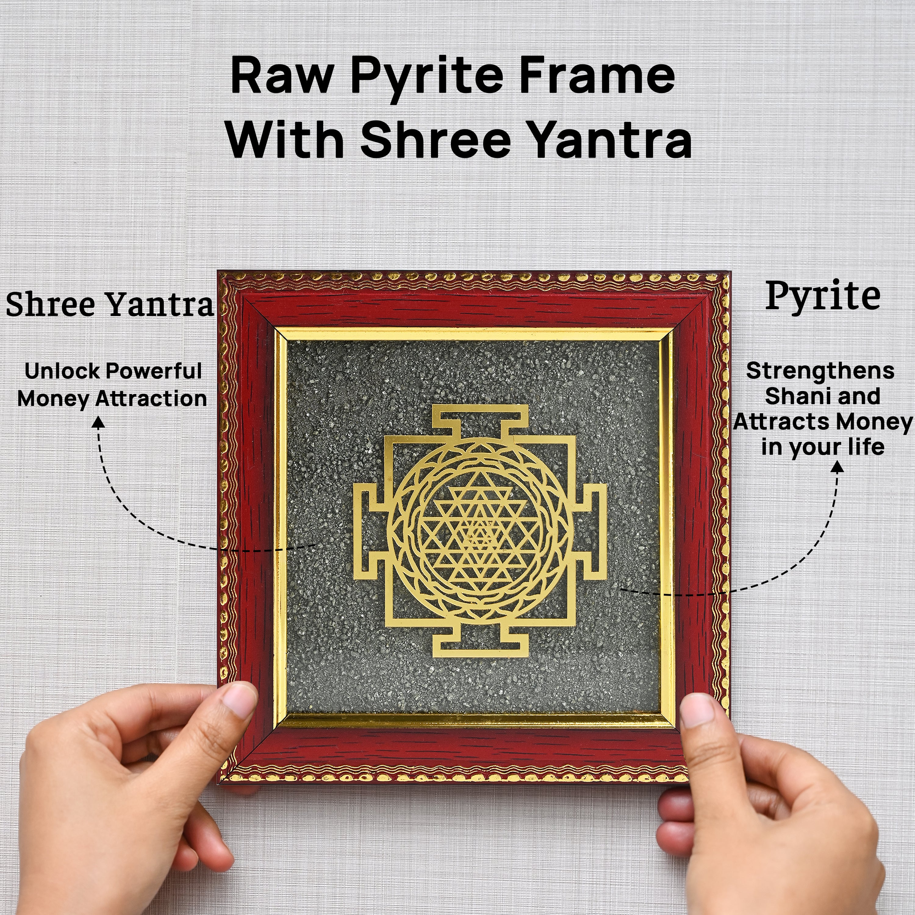 HindCraft Shree Yantra Frame with Raw Pyrite Stone for Wall & Table Décor 7.5×7.5 Inch