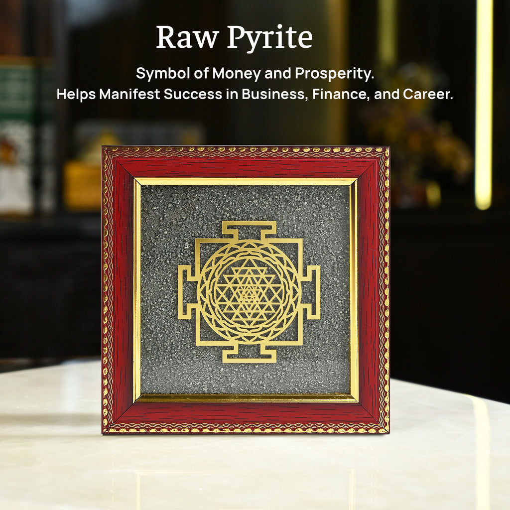 HindCraft Shree Yantra Frame with Raw Pyrite Stone for Wall & Table Décor 7.5×7.5 Inch