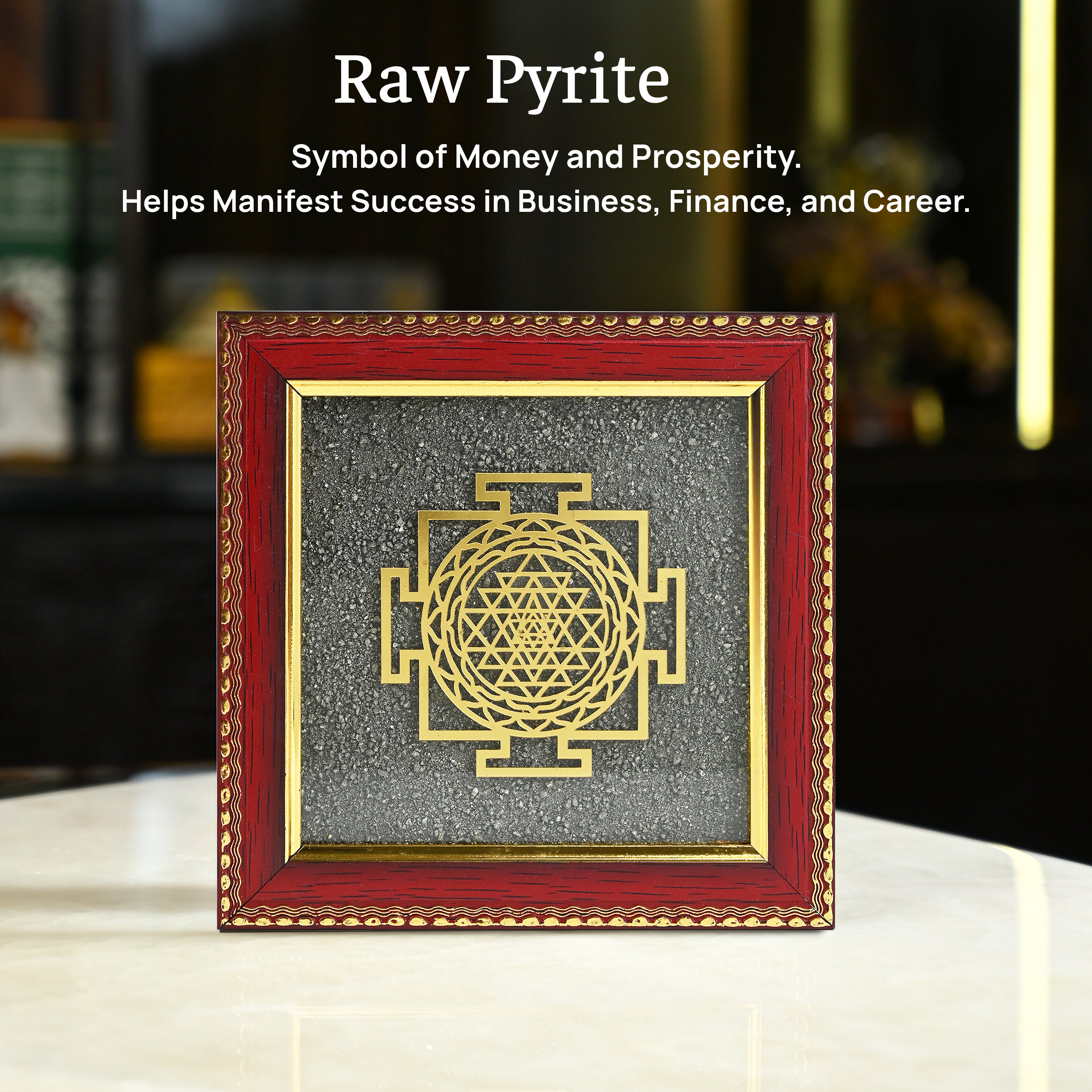 HindCraft Shree Yantra Frame with Raw Pyrite Stone for Wall & Table Décor 7.5×7.5 Inch