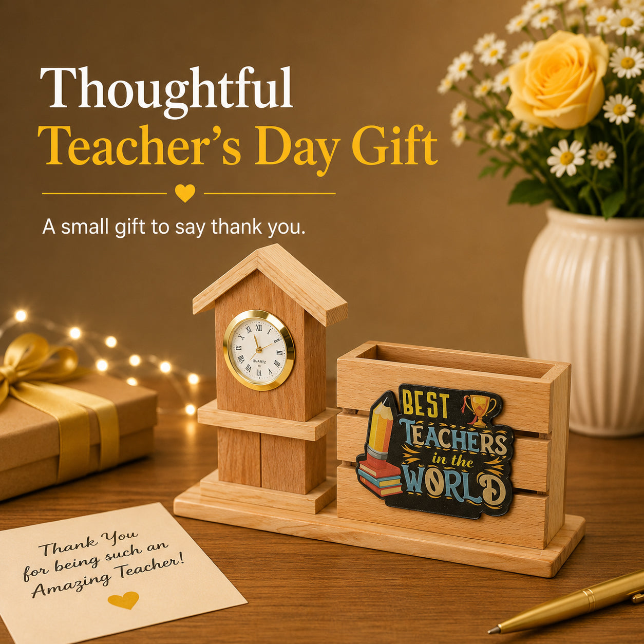 HindCraft Best Teacher Wooden Pen Stand with Clock for Desk Décor & Gifting