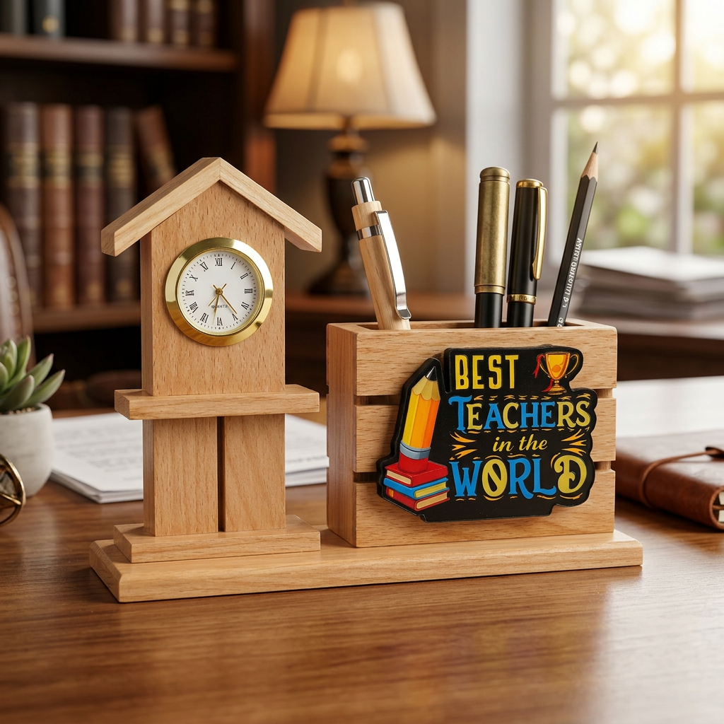 HindCraft Best Teacher Wooden Pen Stand with Clock for Desk Décor & Gifting