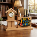 HindCraft Best Teacher Wooden Pen Stand with Clock for Desk Décor & Gifting