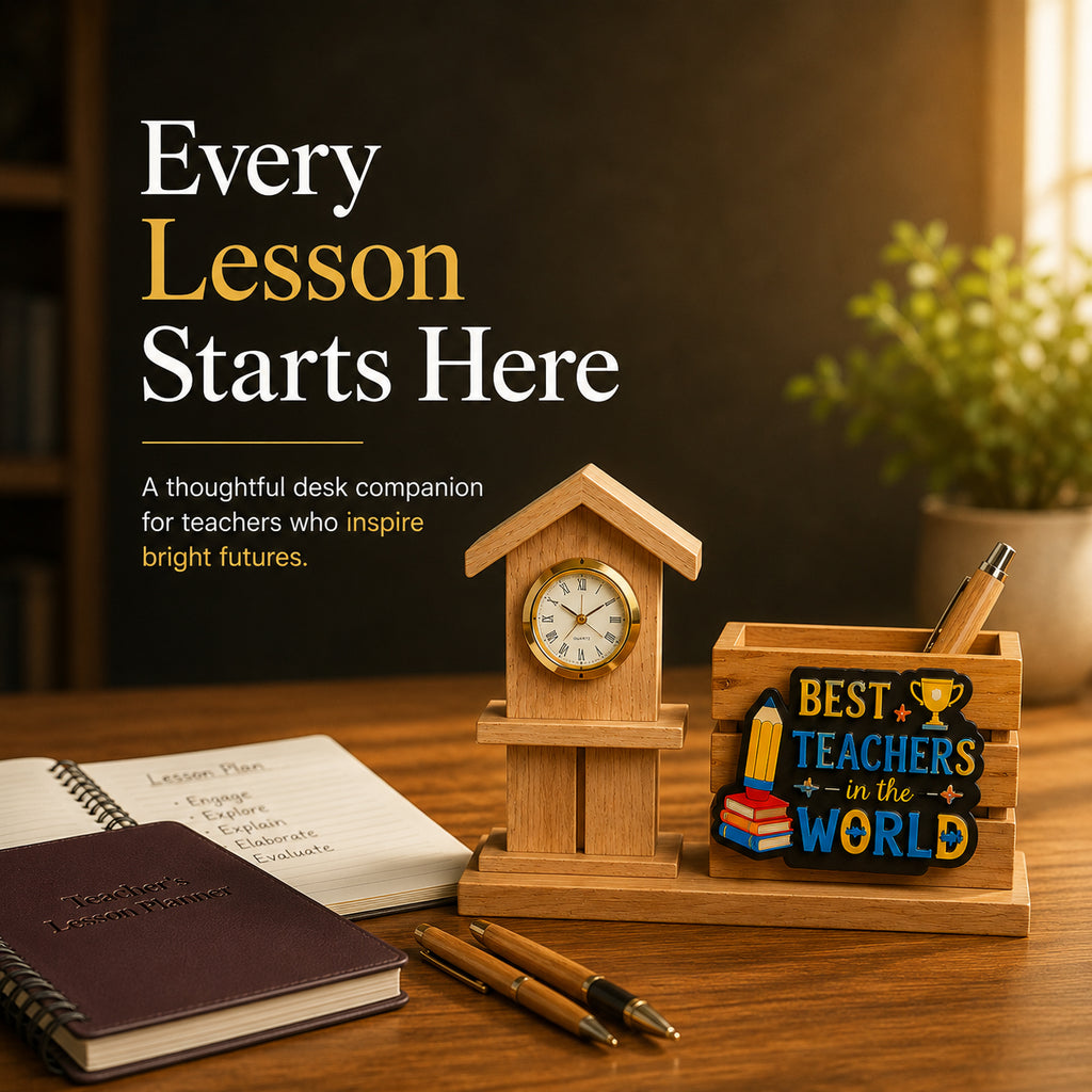 HindCraft Best Teacher Wooden Pen Stand with Clock for Desk Décor & Gifting