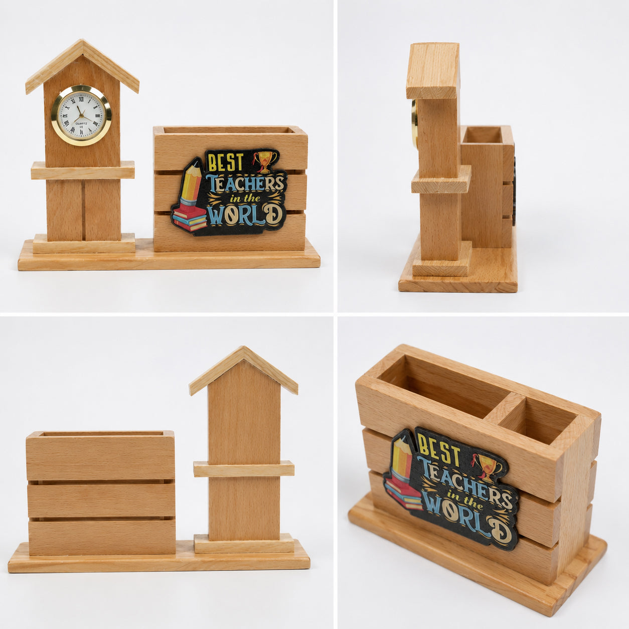 HindCraft Best Teacher Wooden Pen Stand with Clock for Desk Décor & Gifting