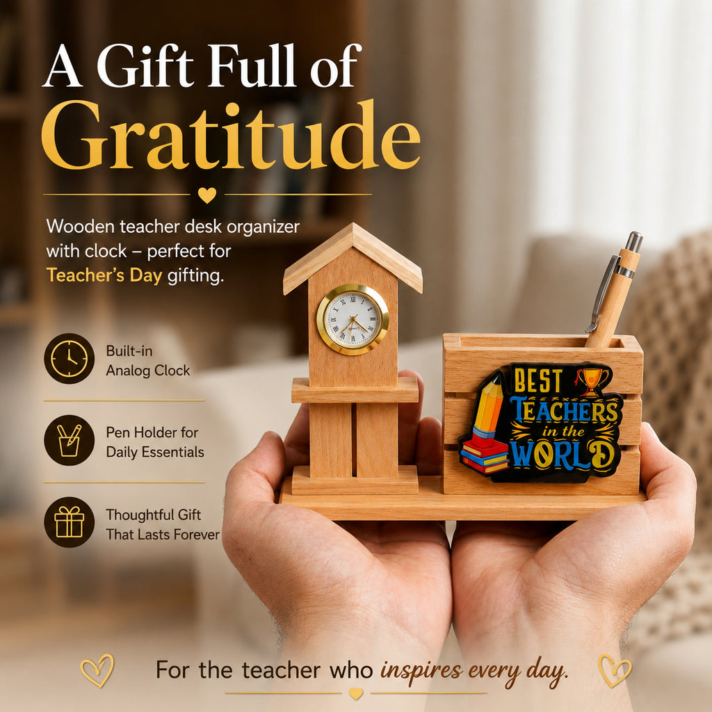 HindCraft Best Teacher Wooden Pen Stand with Clock for Desk Décor & Gifting