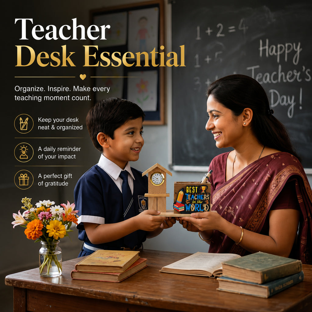 HindCraft Best Teacher Wooden Pen Stand with Clock for Desk Décor & Gifting