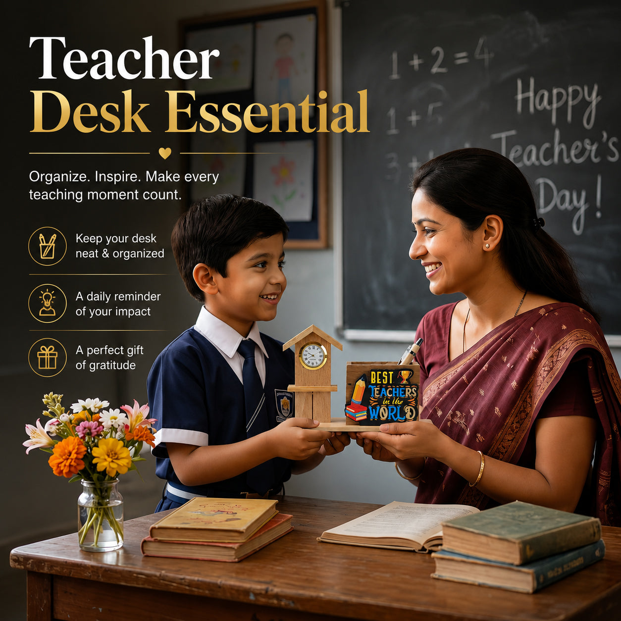 HindCraft Best Teacher Wooden Pen Stand with Clock for Desk Décor & Gifting