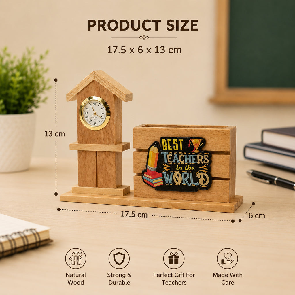 HindCraft Best Teacher Wooden Pen Stand with Clock for Desk Décor & Gifting