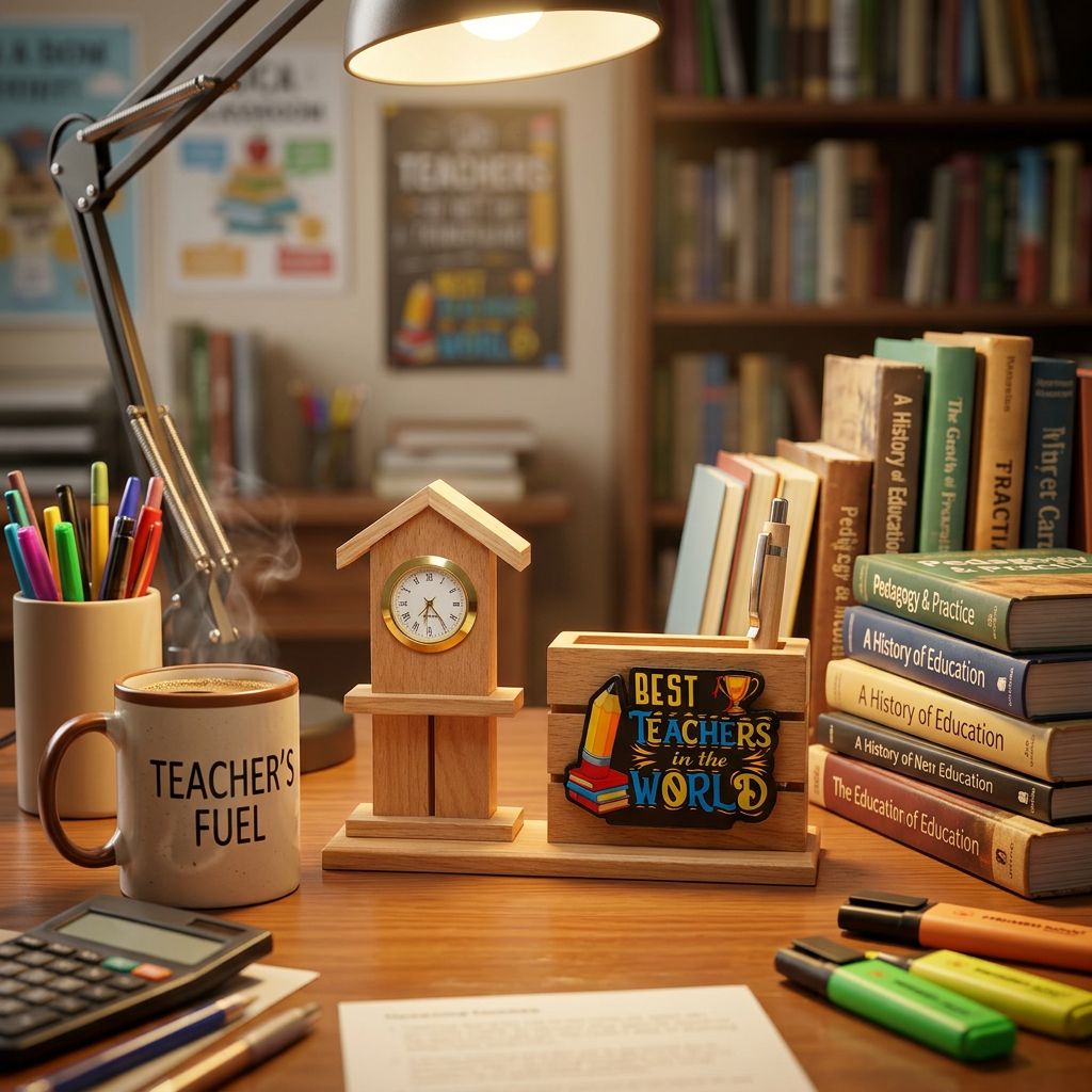 HindCraft Best Teacher Wooden Pen Stand with Clock for Desk Décor & Gifting