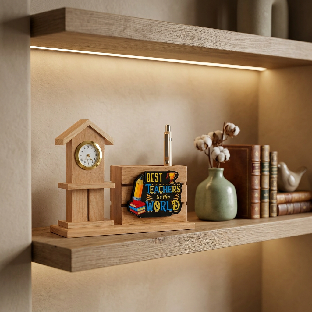HindCraft Best Teacher Wooden Pen Stand with Clock for Desk Décor & Gifting