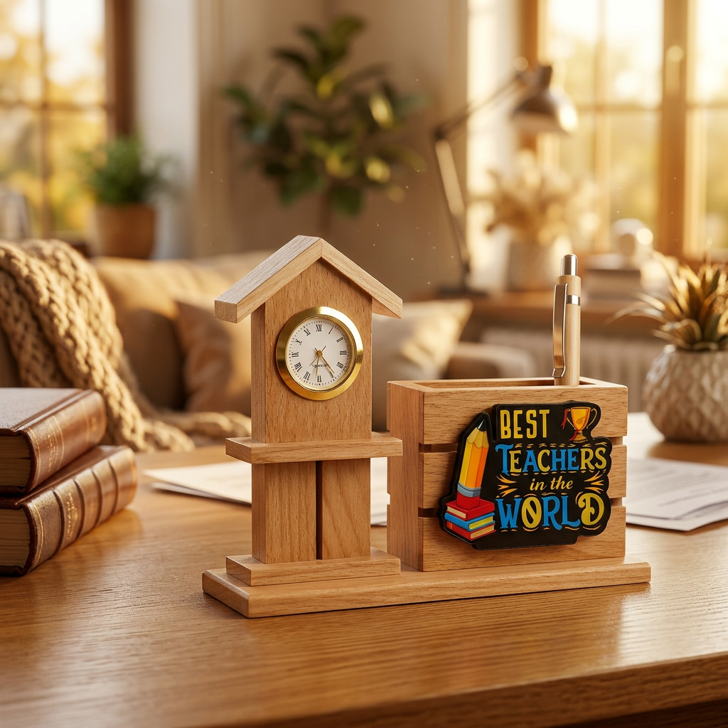 HindCraft Best Teacher Wooden Pen Stand with Clock for Desk Décor & Gifting