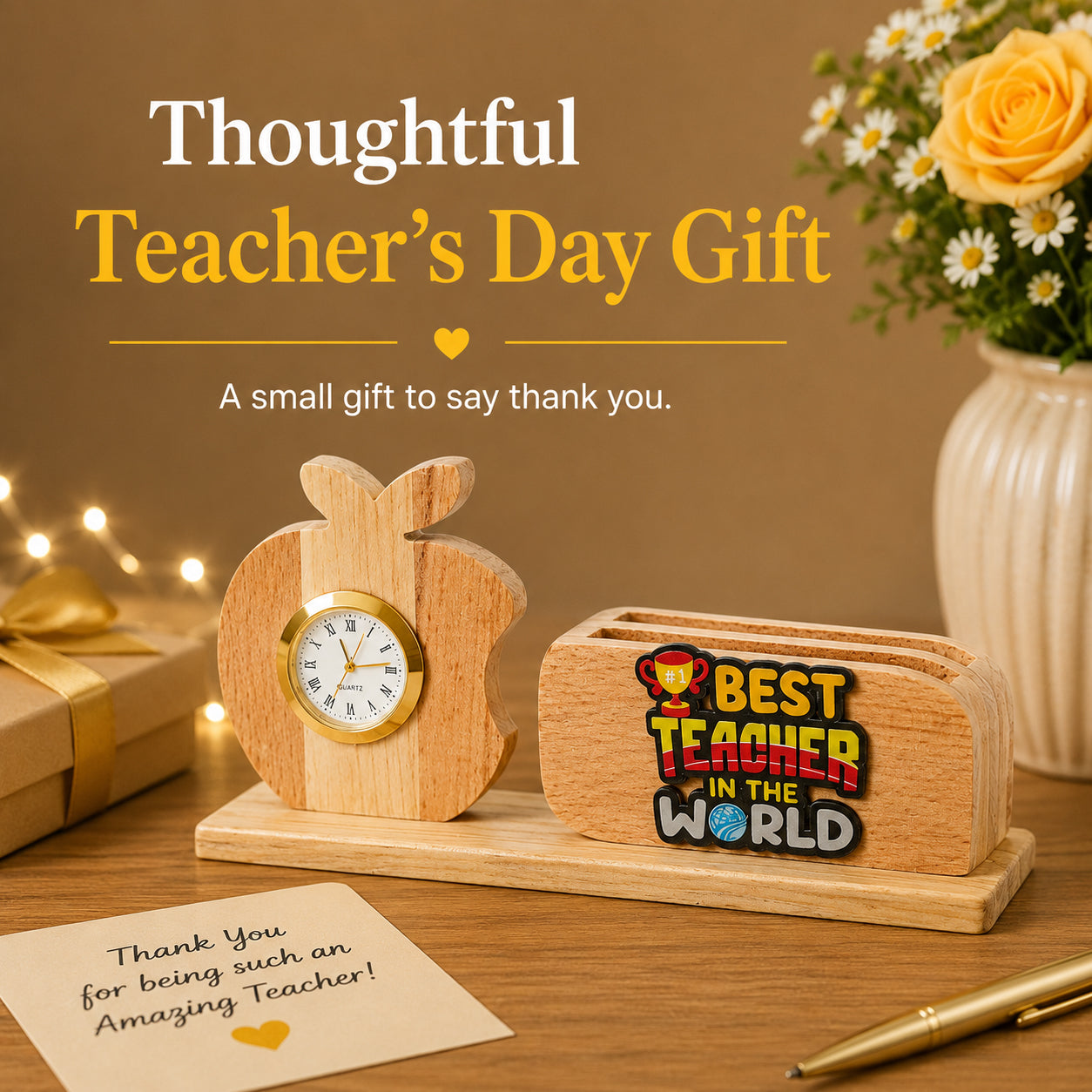 HindCraft Best Teacher Wooden Pen Stand with Apple Clock for Desk & Gifting