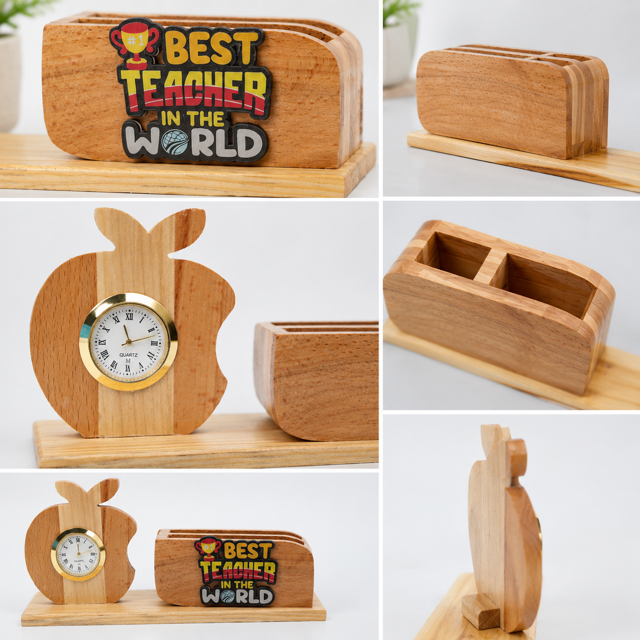 HindCraft Best Teacher Wooden Pen Stand with Apple Clock for Desk & Gifting