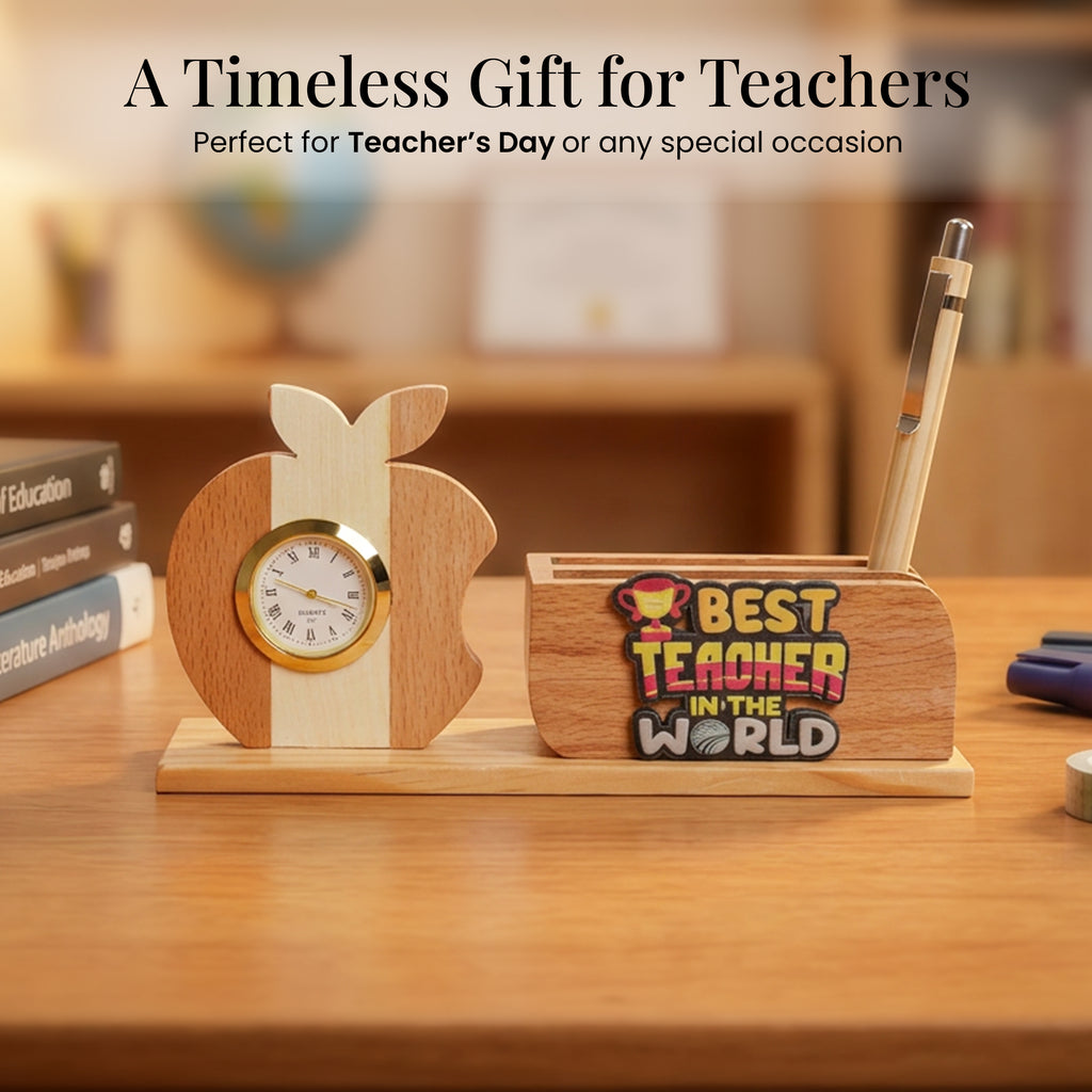 HindCraft Best Teacher Wooden Pen Stand with Apple Clock for Desk & Gifting