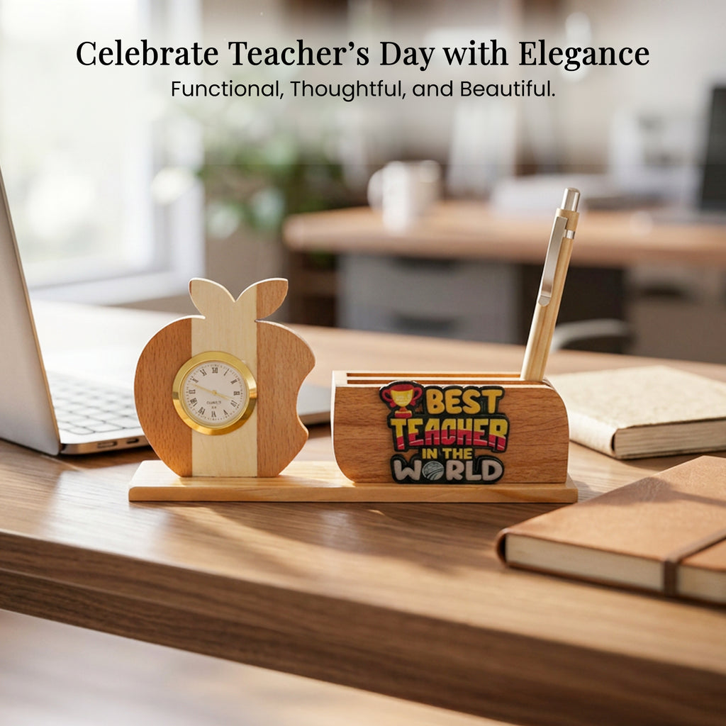 HindCraft Best Teacher Wooden Pen Stand with Apple Clock for Desk & Gifting