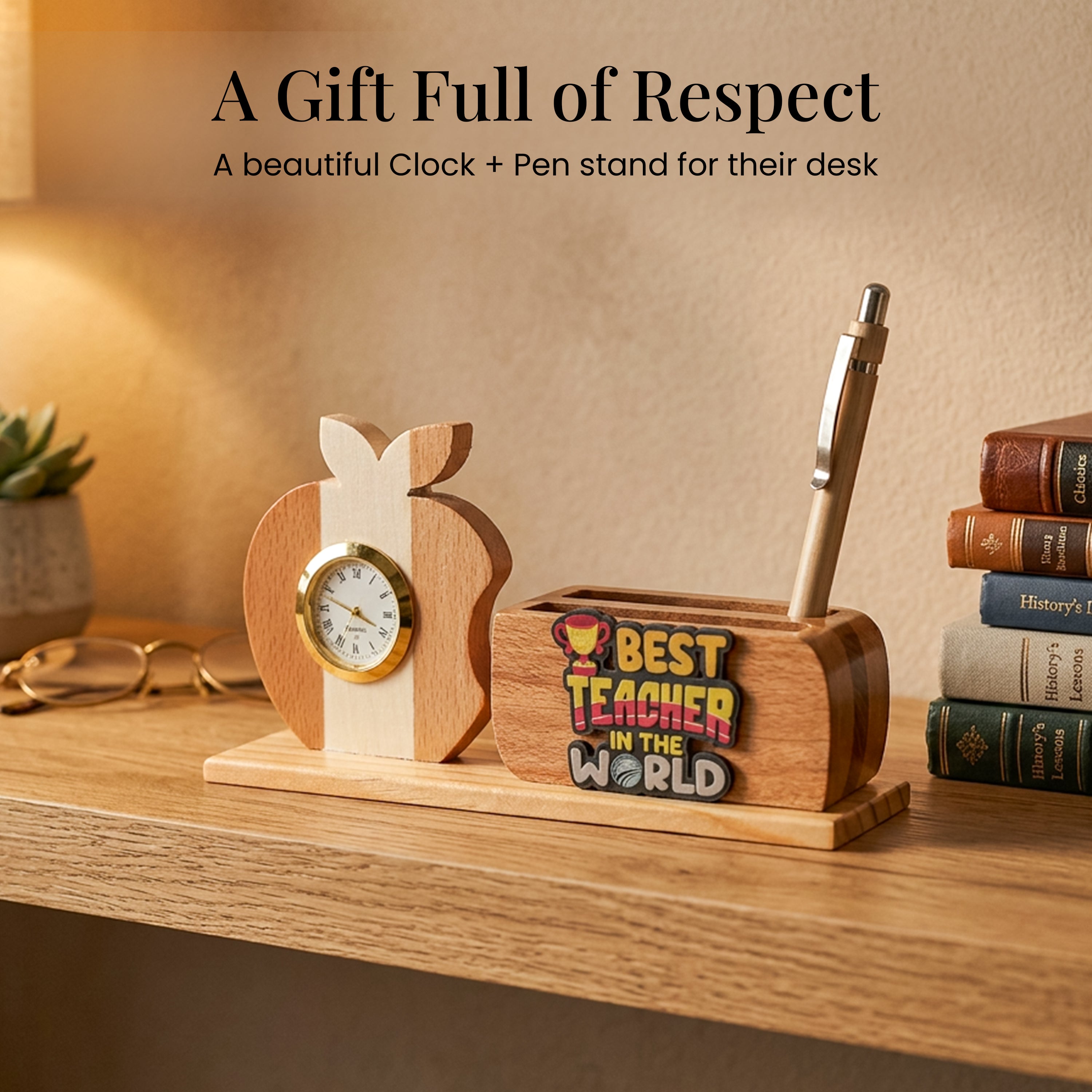 HindCraft Best Teacher Wooden Pen Stand with Apple Clock for Desk & Gifting
