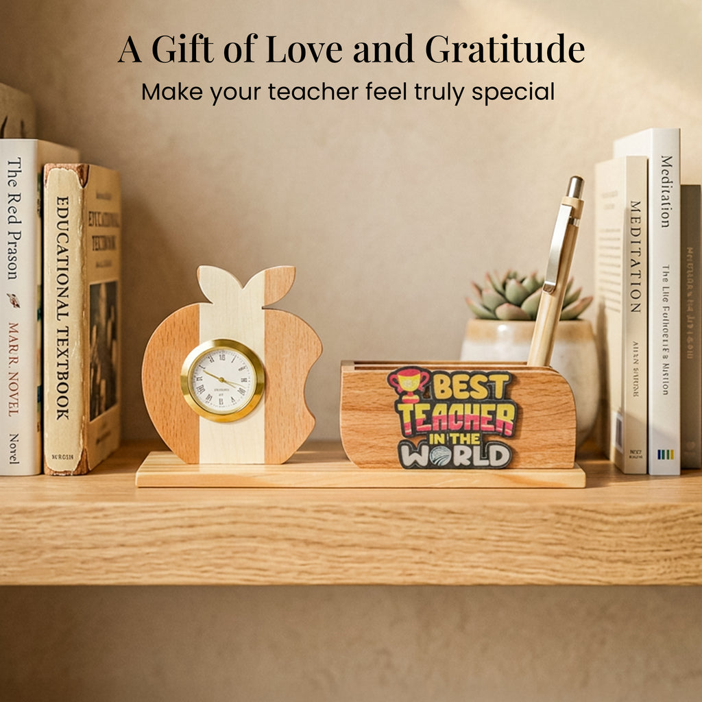 HindCraft Best Teacher Wooden Pen Stand with Apple Clock for Desk & Gifting