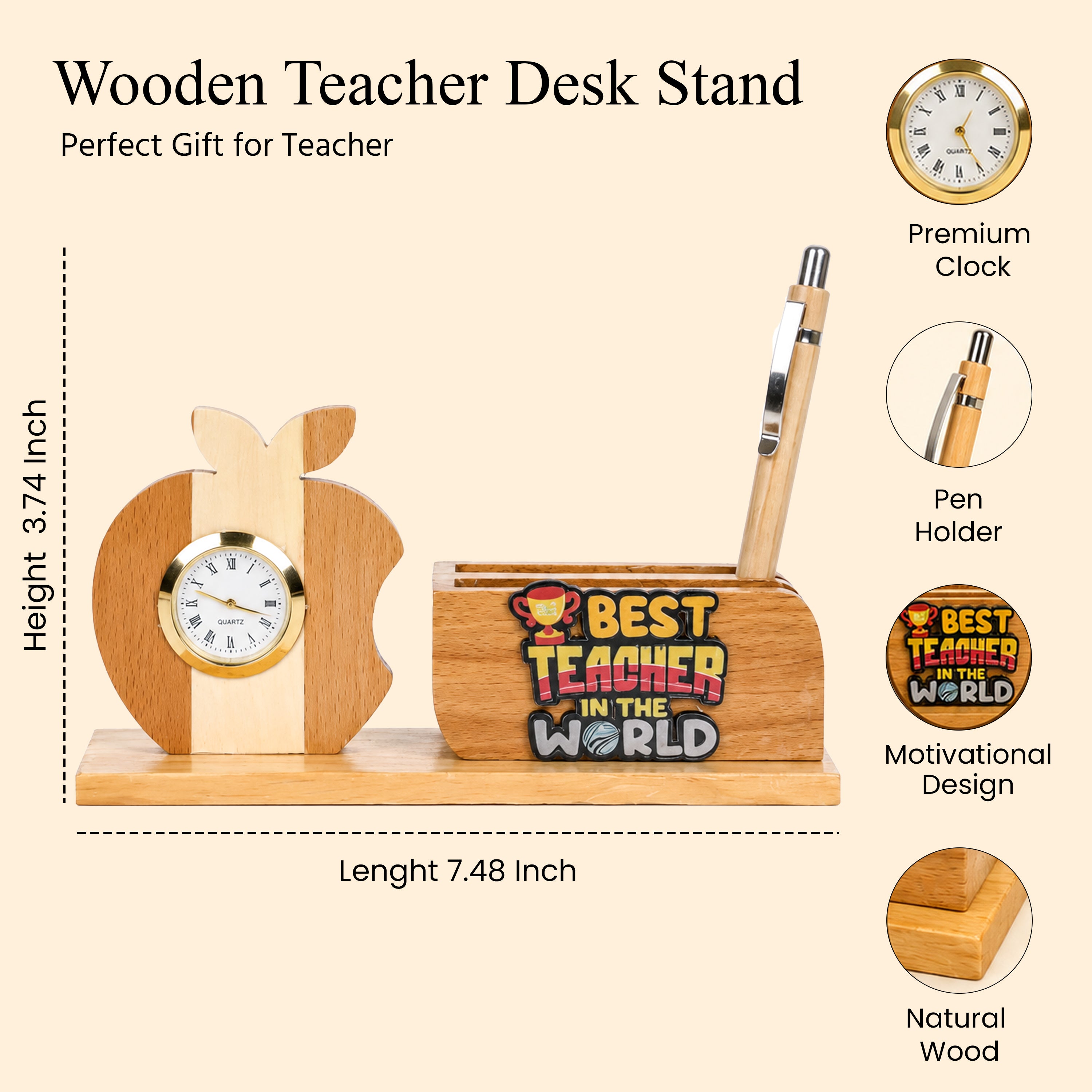 HindCraft Best Teacher Wooden Pen Stand with Apple Clock for Desk & Gifting