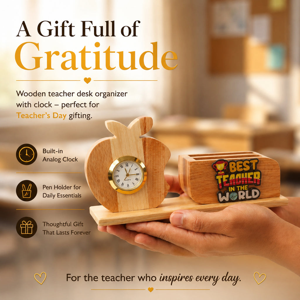 HindCraft Best Teacher Wooden Pen Stand with Apple Clock for Desk & Gifting
