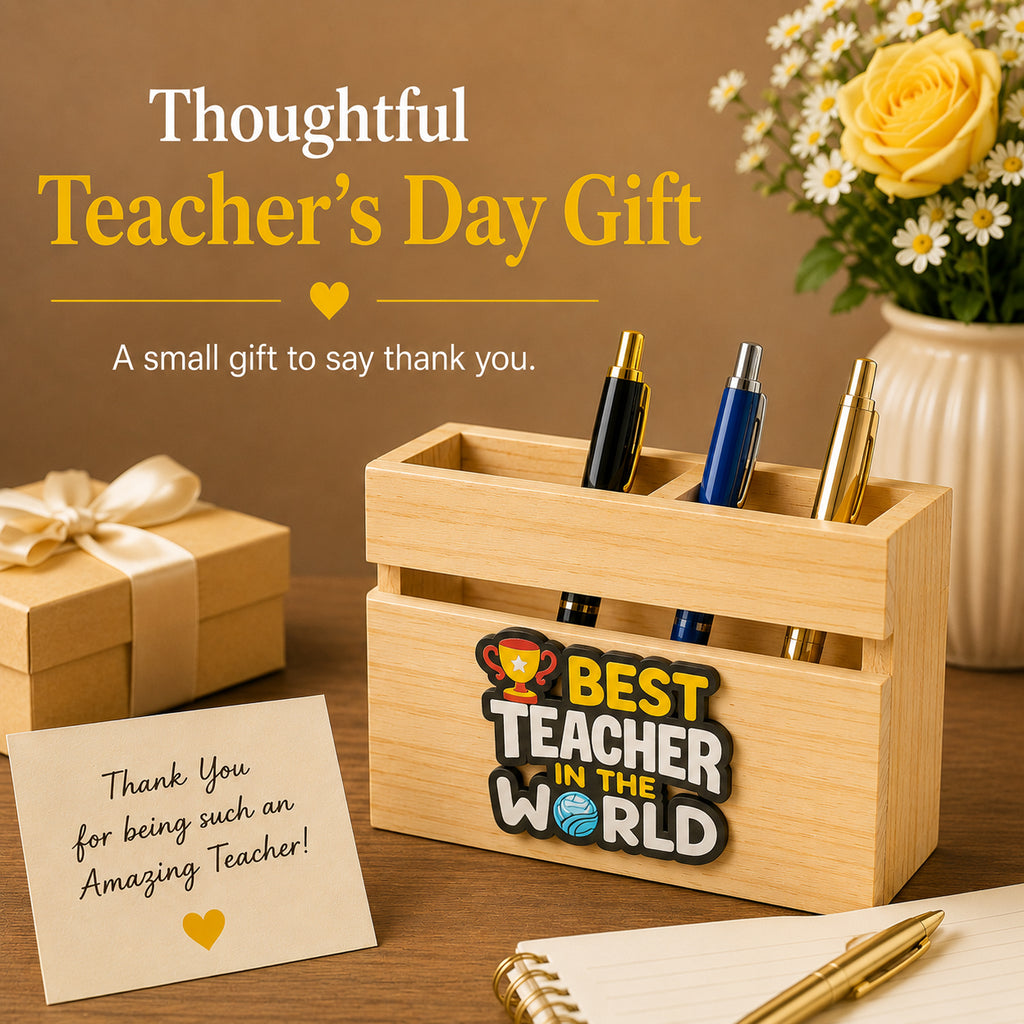 HindCraft Best Teacher Wooden Pen Stand & Desk Organizer for Gifting