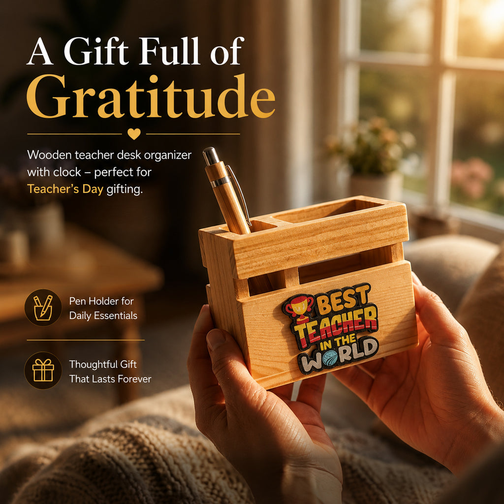 HindCraft Best Teacher Wooden Pen Stand & Desk Organizer for Gifting