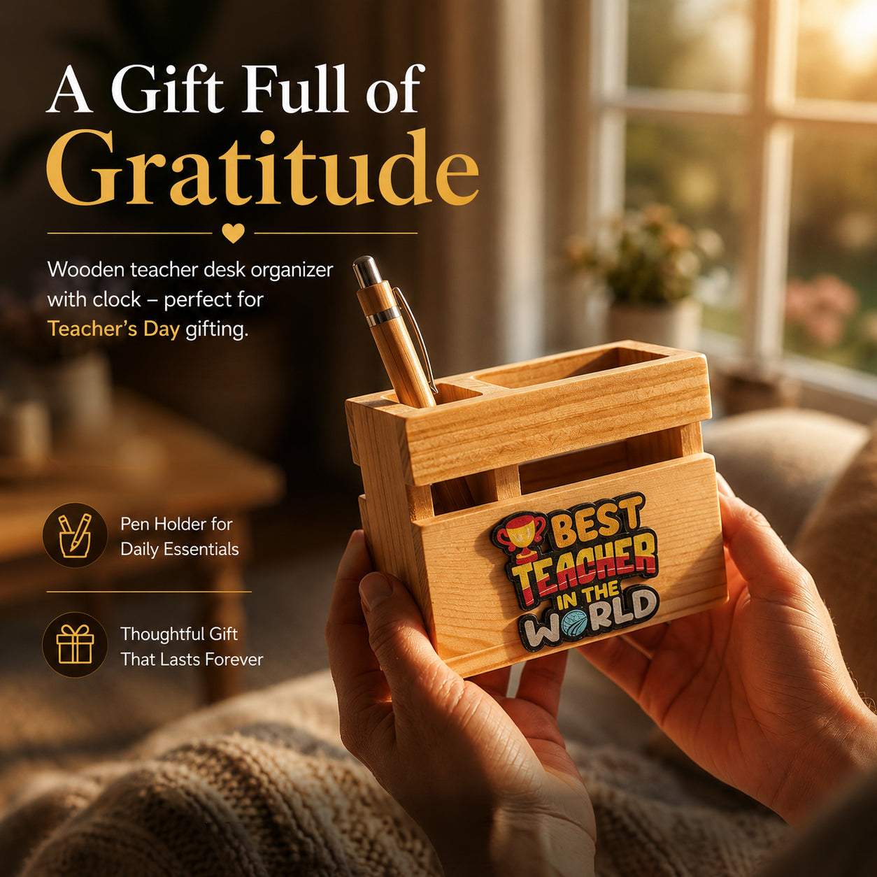 HindCraft Best Teacher Wooden Pen Stand & Desk Organizer for Gifting