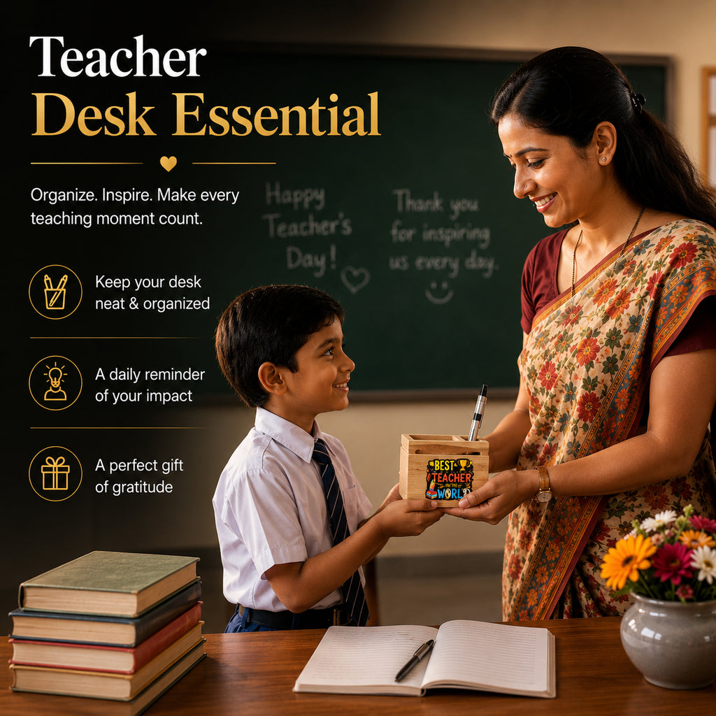 HindCraft Best Teacher Wooden Pen Stand & Desk Organizer for Gifting