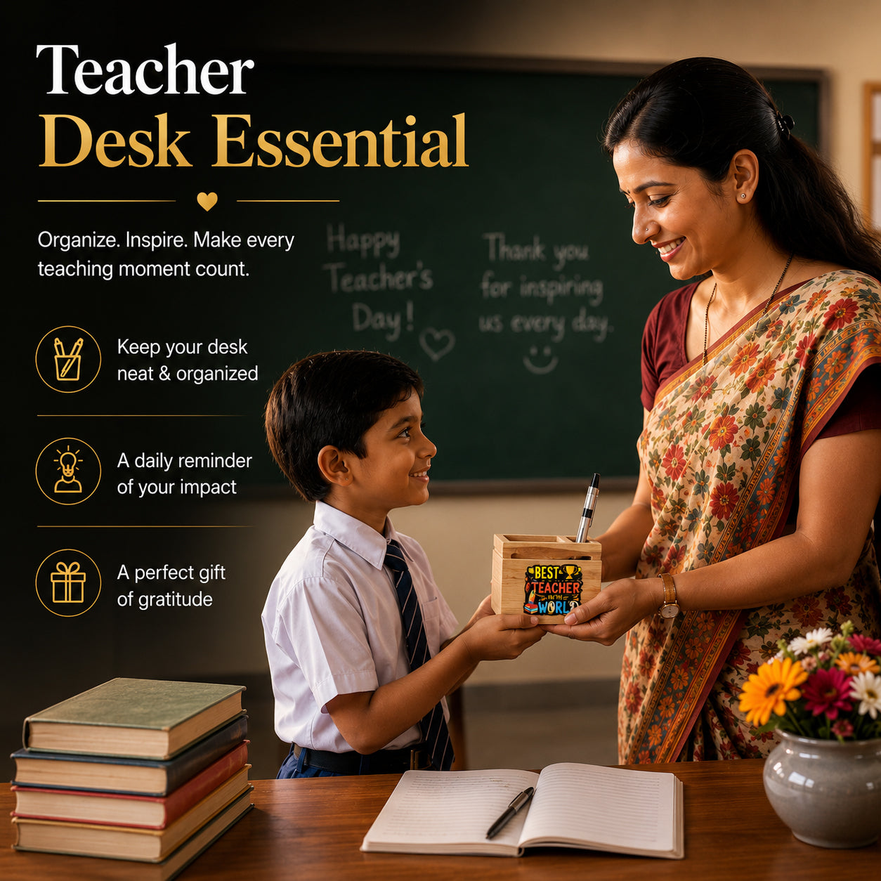HindCraft Best Teacher Wooden Pen Stand & Desk Organizer for Gifting