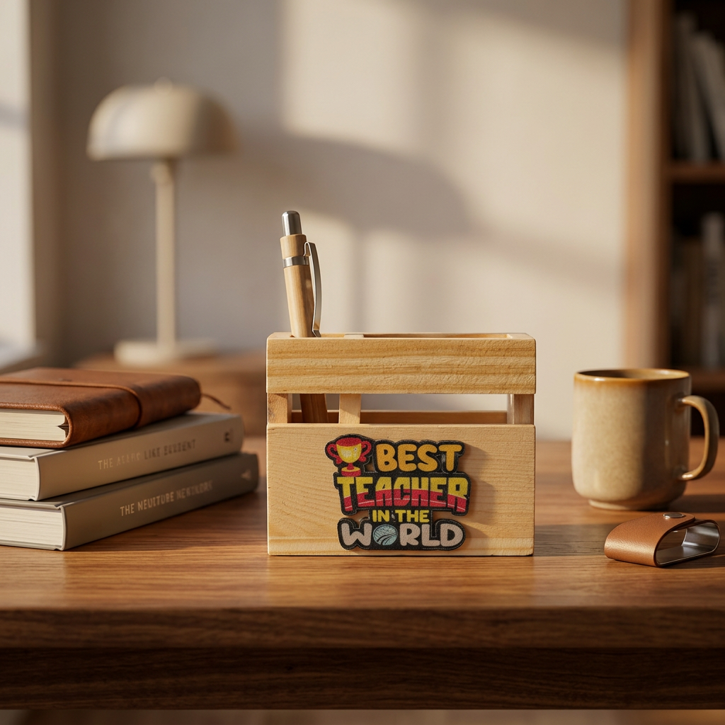 HindCraft Best Teacher Wooden Pen Stand & Desk Organizer for Gifting